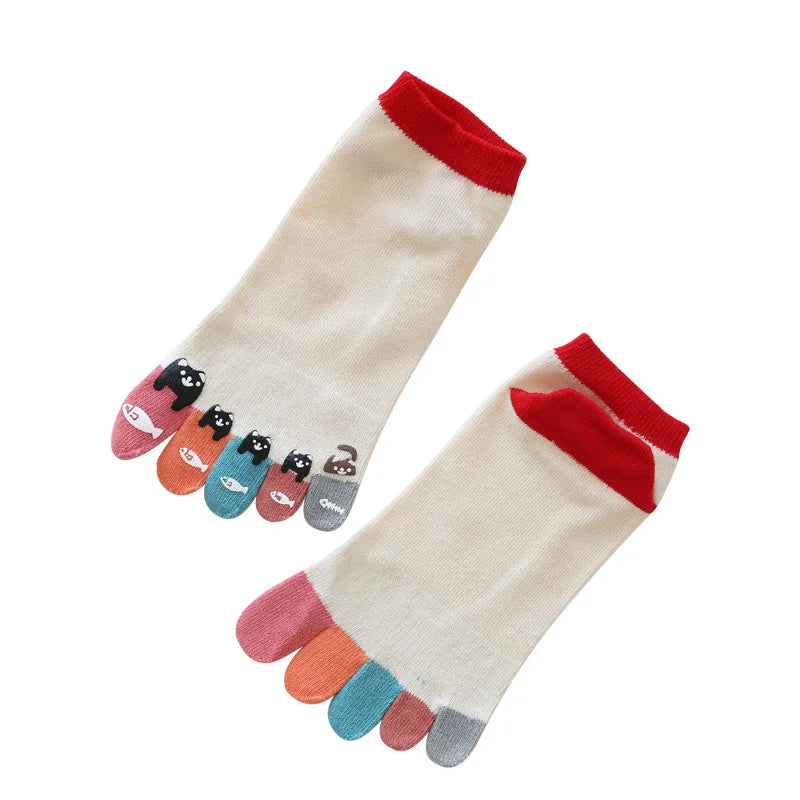 Cute Ankle 5 Finger Socks Boat Woman Cotton Bear Dispensing White Fashion Casual Harajuku Girl No Show Toe Socks 4 Seasons
