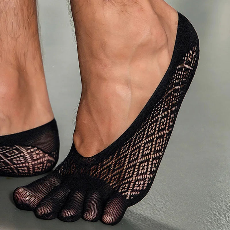 Summer Invisible No Show Five Finger Socks Mens Thin Velvet Non-Slip Mesh Breathable Elastic Solid Silk Socks With Toes EU 38-43