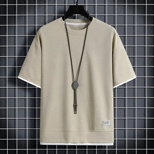 Multi-layered Men Top Men's Summer Waffle Texture Two-piece T-shirt With Loose Fit Half Sleeves Plus Size Streetwear For Outdoor