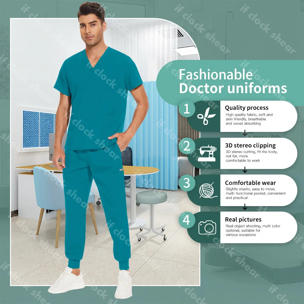 V-neck Solid Color Surgical Workwear Unisex Scrub Suit High Quality Hospital Doctor Nursing Uniform Dentist Scrub Jogger Set Men