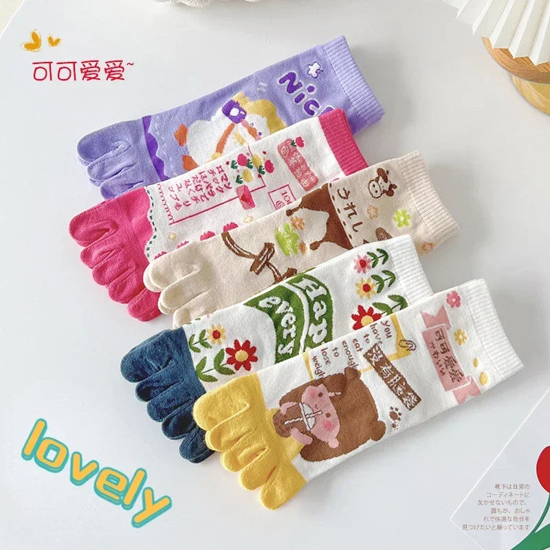 Cute 5 Finger Socks Women Girl Cartoon Colorful Flowers Bear Watermelon Young Casual Fashion Happy Toe Socks Harajuku