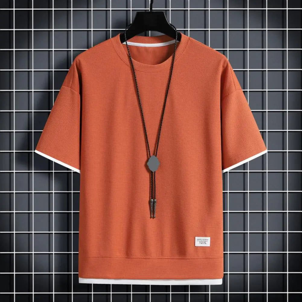 Men Fake Two-piece Top Men's Summer Waffle Texture Two-piece T-shirt with Loose Fit Half Sleeves Plus Size for Outdoor