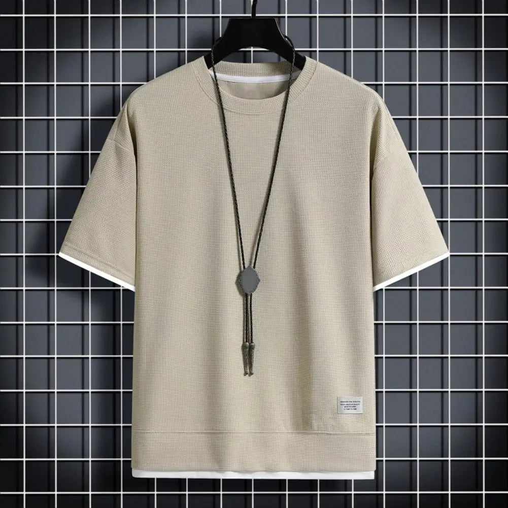 Men Fake Two-piece Top Men's Summer Waffle Texture Two-piece T-shirt with Loose Fit Half Sleeves Plus Size for Outdoor