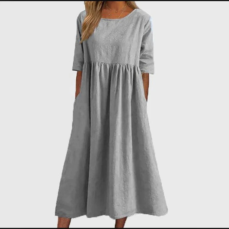 Elegant Dress O-Neck Half Sleeve Cotton Hemp Pleated Dress 2023 New Summer Women's Casual Loose Comfortable Vintage Long Dress