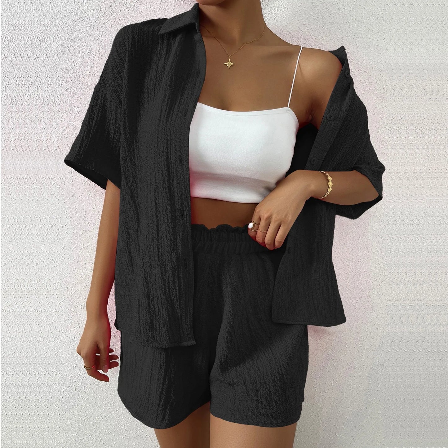 Plus Size Textured Button Through Short Sleeve Shirt And Shorts