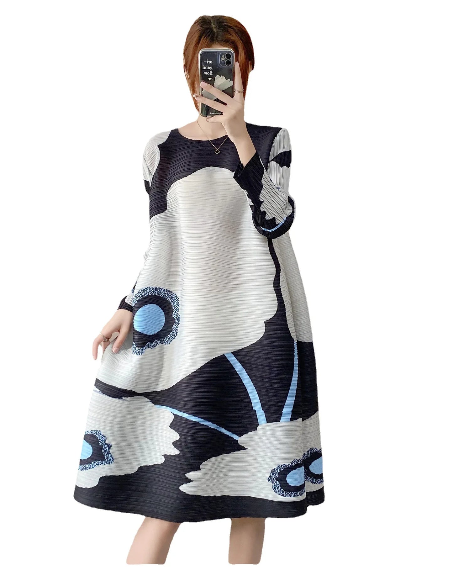 Spring 2024 New Loose Large Casual Pleated Comfortable and Exquisite Luxury Swing Dress with Three House Style Printed Dress