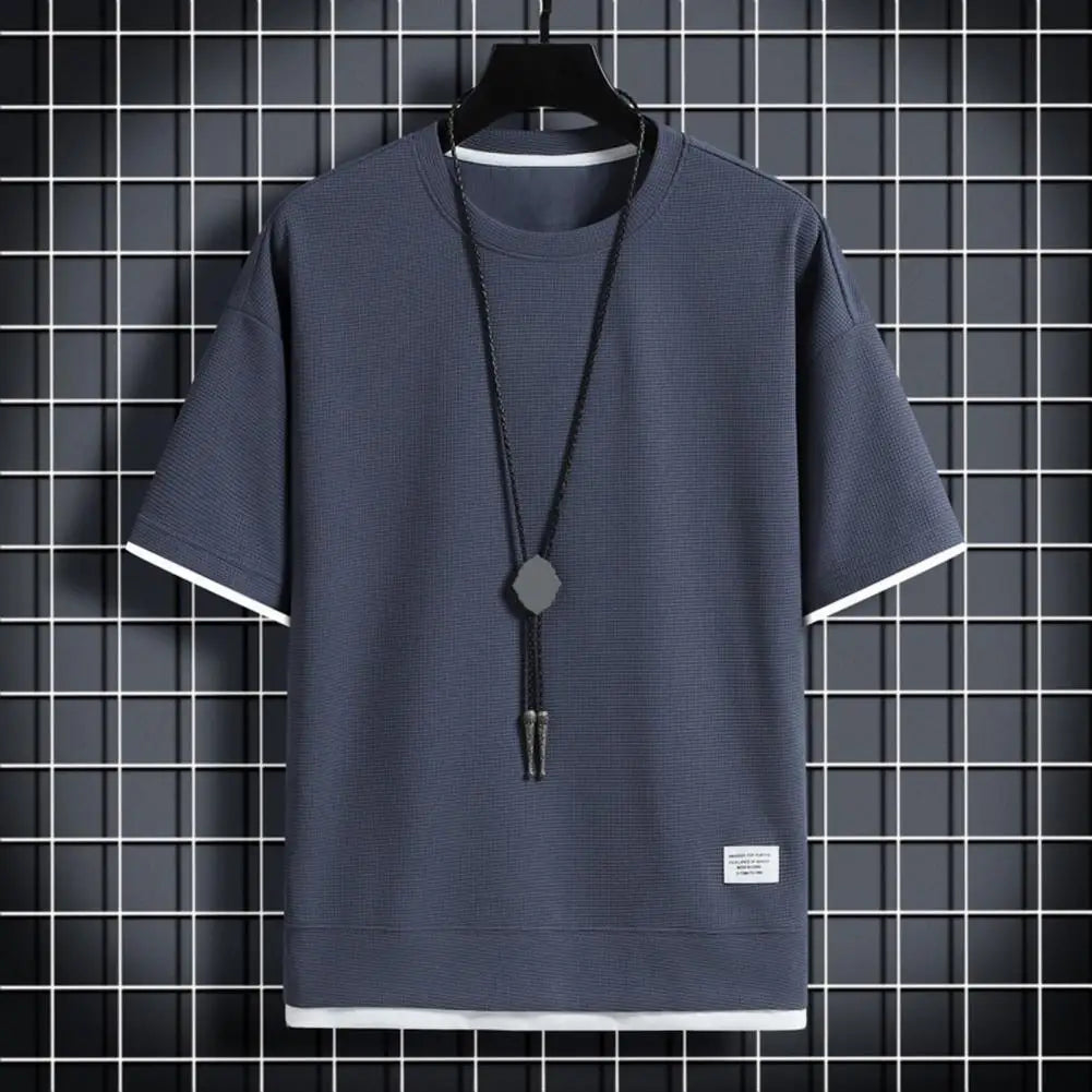Men Fake Two-piece Top Men's Summer Waffle Texture Two-piece T-shirt with Loose Fit Half Sleeves Plus Size for Outdoor