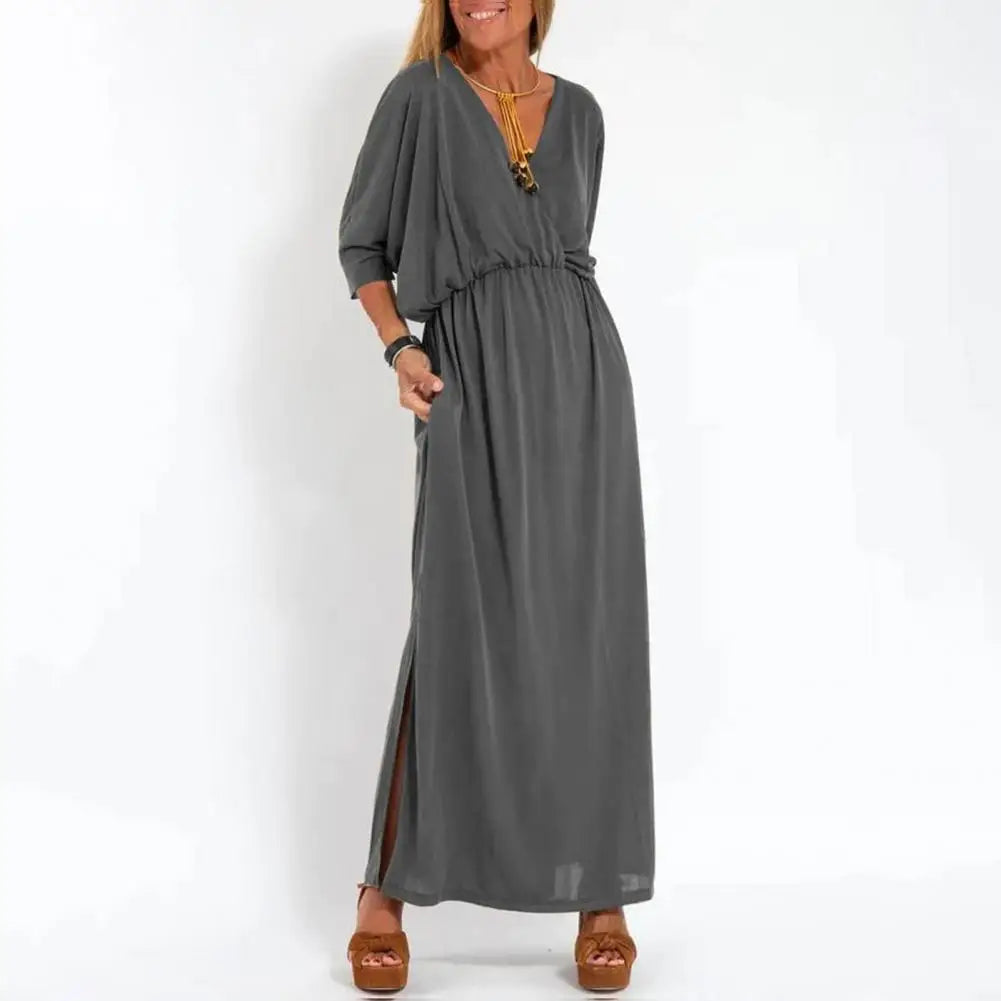 Comfortable Long Dress Elegant V-neck Split Dress for Women Loose Fit High Waisted Solid Color Spring Summer Shirt