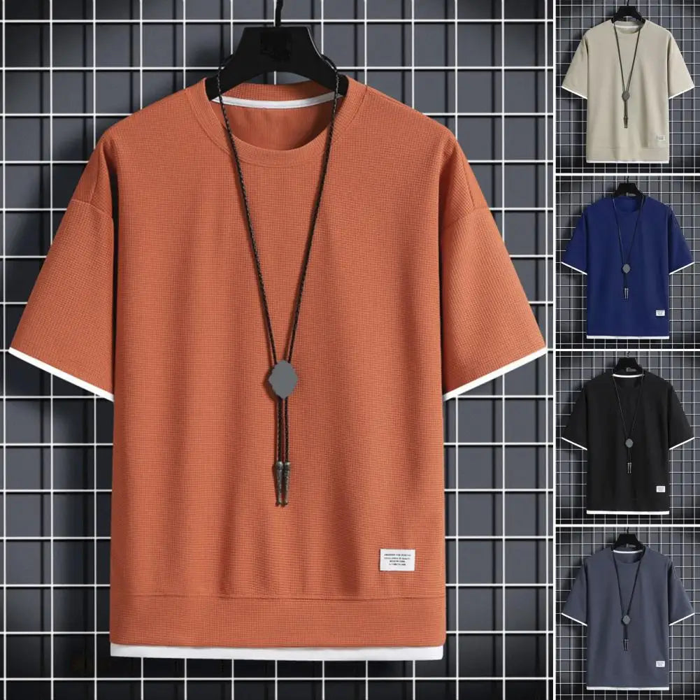 Men Fake Two-piece Top Men's Summer Waffle Texture Two-piece T-shirt with Loose Fit Half Sleeves Plus Size for Outdoor