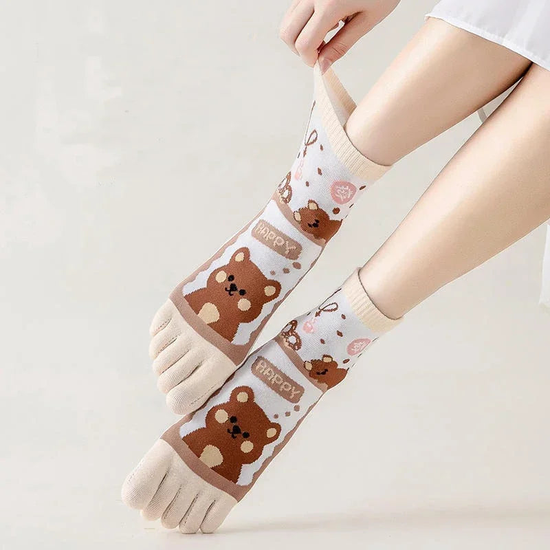 Cute 5 Finger Socks Women Girl Cartoon Colorful Flowers Bear Watermelon Young Casual Fashion Happy Toe Socks Harajuku