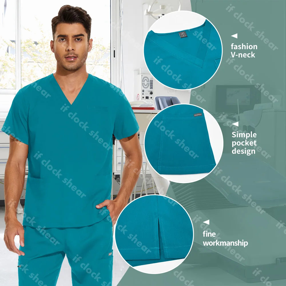 V-neck Solid Color Surgical Workwear Unisex Scrub Suit High Quality Hospital Doctor Nursing Uniform Dentist Scrub Jogger Set Men