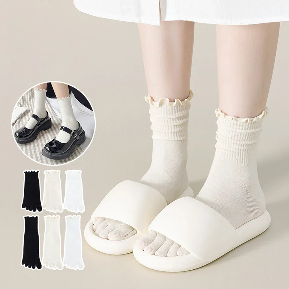 Stringy Selvedge Toe Socks Women Five Finger Sock Fashion Cotton Stockings Sports Running Solid Black White Grey Sox lace socks
