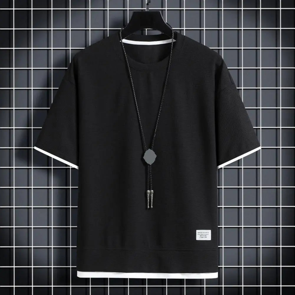 Men Fake Two-piece Top Men's Summer Waffle Texture Two-piece T-shirt with Loose Fit Half Sleeves Plus Size for Outdoor
